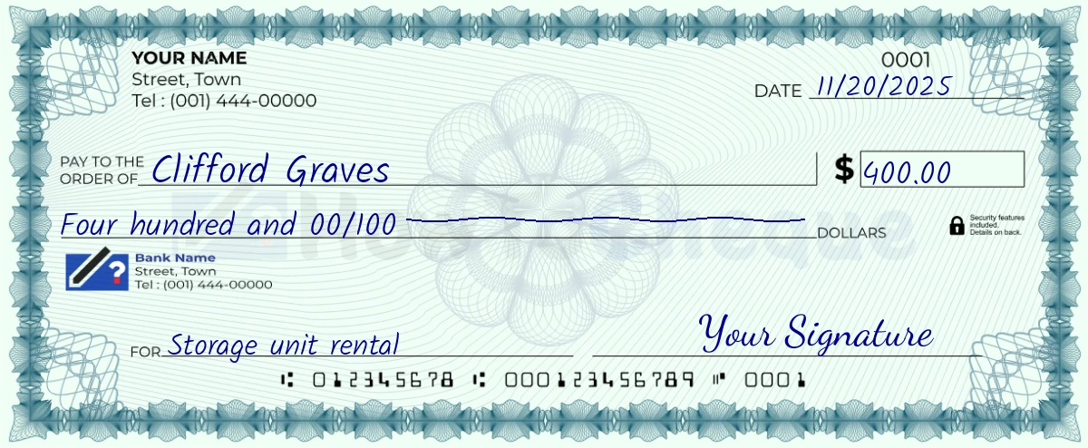 Example check of 400 dollar