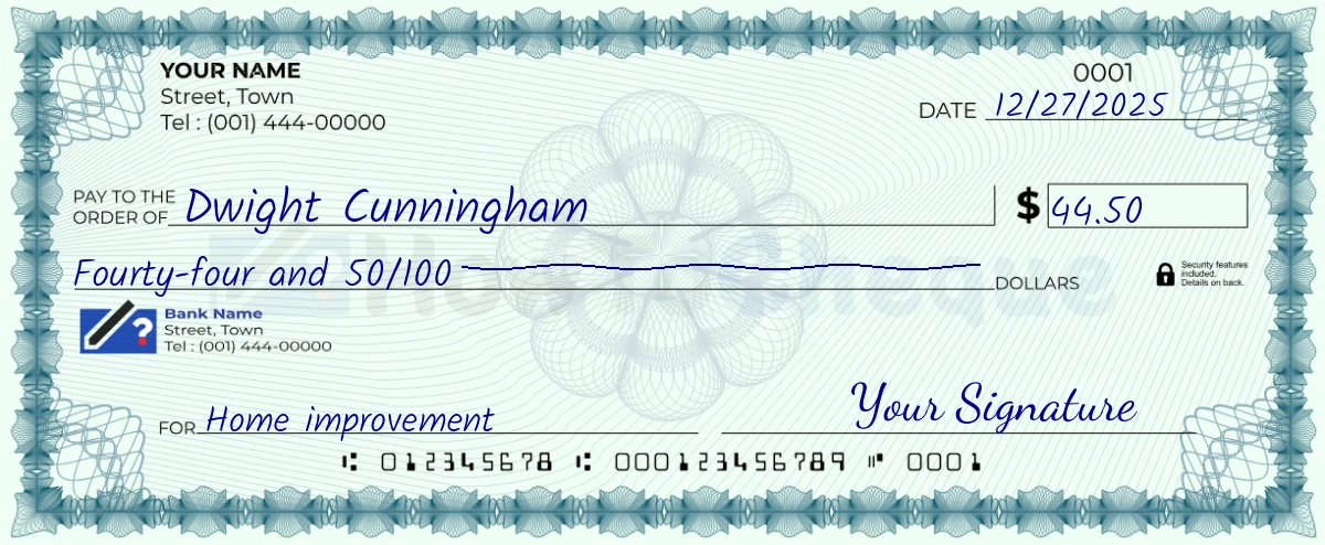 Example check of 44 dollar 50 cent