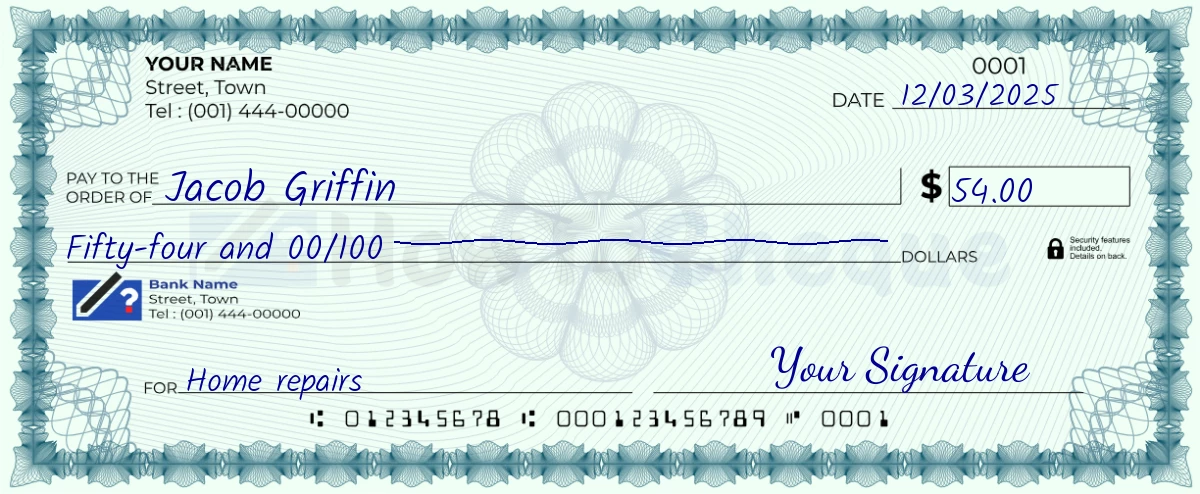 Example check of 54 dollar