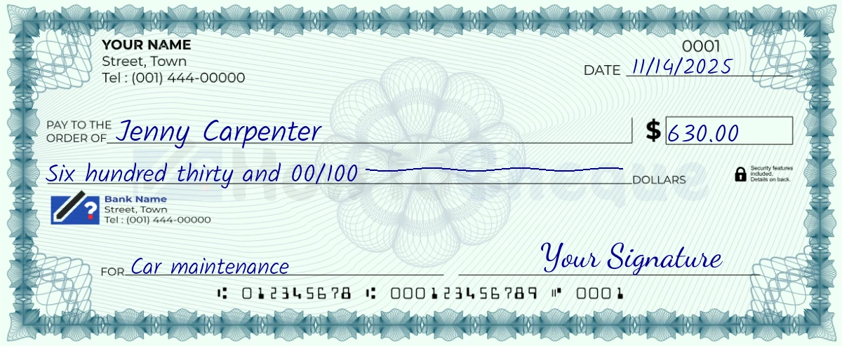 Example check of 630 dollar