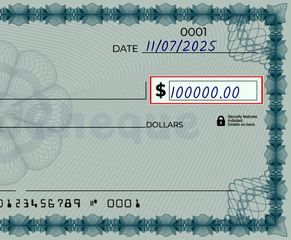 Step 3: Write the amount on the 100000 dollar check, showing a check with '100000.00' written in the amount field