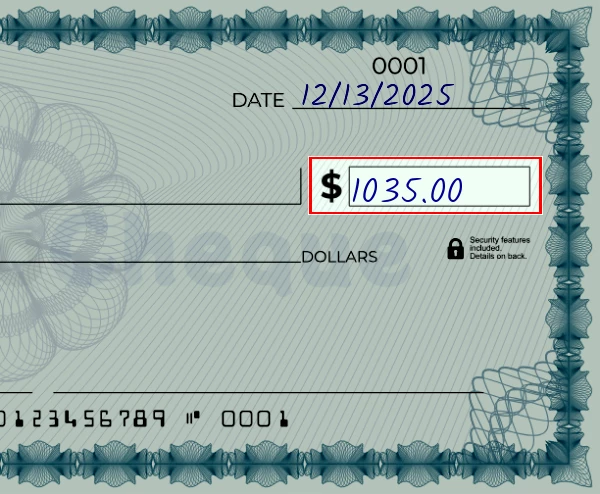 Step 3: Write the amount on the 1035 dollar check, showing a check with '1035.00' written in the amount field