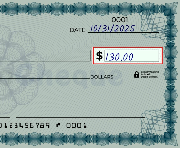 Step 3: Write the amount on the 130 dollar check, showing a check with '130.00' written in the amount field
