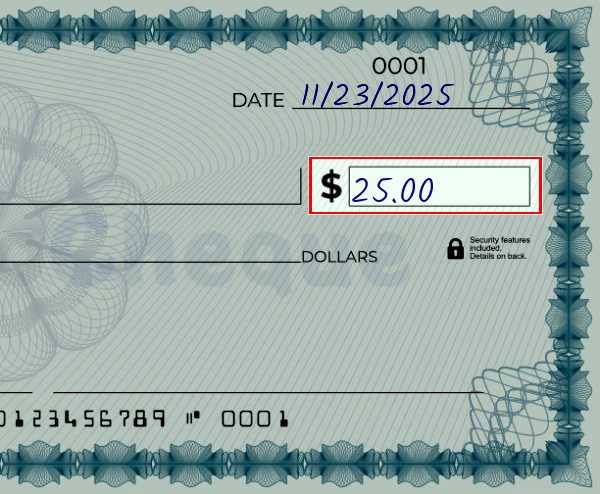 Step 3: Write the amount on the 25 dollar check, showing a check with '25.00' written in the amount field