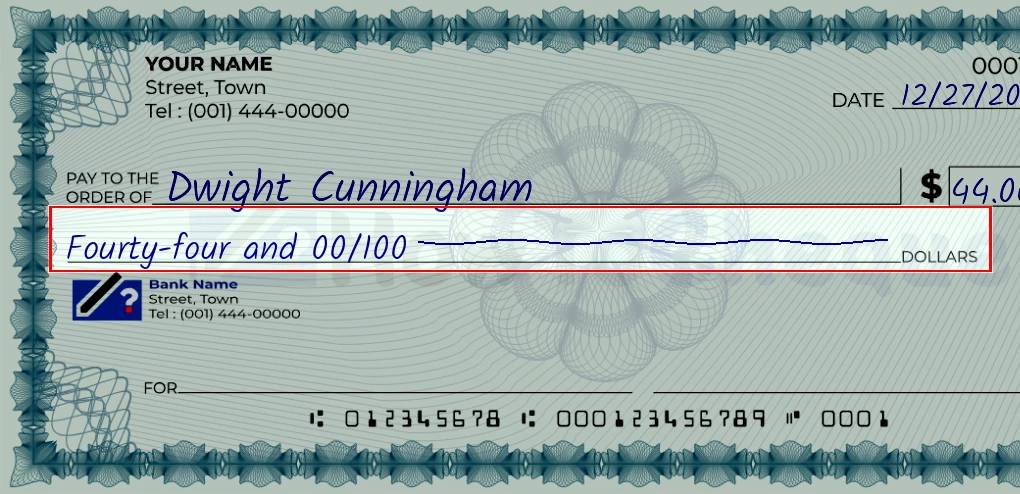 Step 4: Write the amount in words on the 44 dollar check, showing a check with 'Fourty-four and 00/44' written in the amount field
