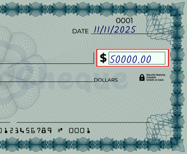 Step 3: Write the amount on the 50000 dollar check, showing a check with '50000.00' written in the amount field