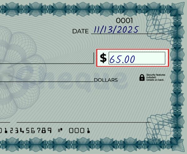 Step 3: Write the amount on the 65 dollar check, showing a check with '65.00' written in the amount field