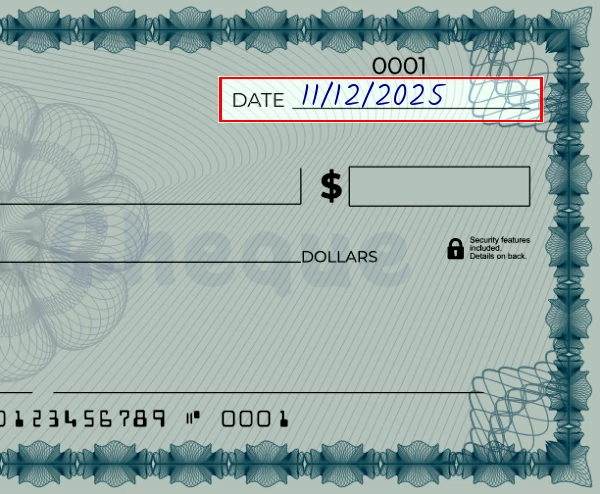 Step 1: Write the date on the 11000 dollar check, showing a blank check with the date field filled as 03/23/2023