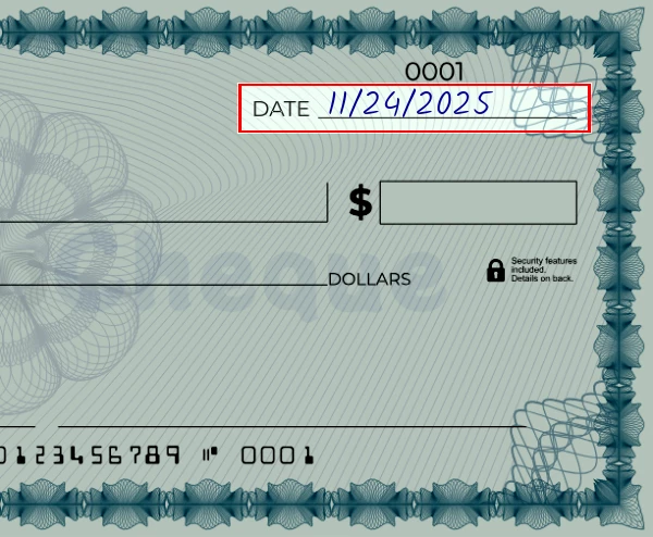 Step 1: Write the date on the 2750 dollar check, showing a blank check with the date field filled as 03/23/2023