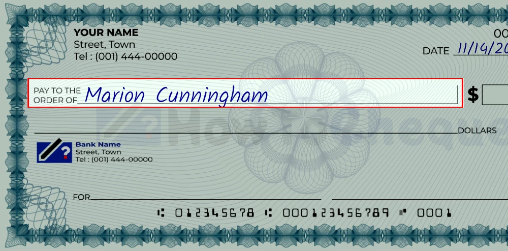 Step 2: Write the payee's name on the 350 dollar check, showing a check with 'Marion Cunningham' written in the payee field