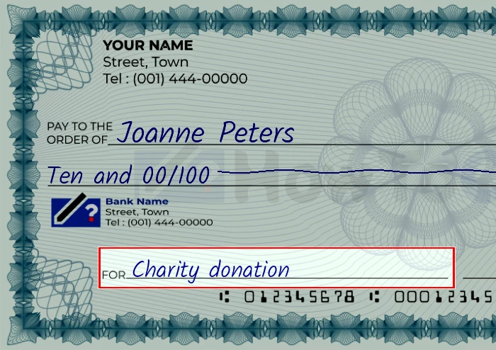 Step 5: Fill out the memo on the 10 dollar check, showing a check with 'Charity donation' written in the memo field