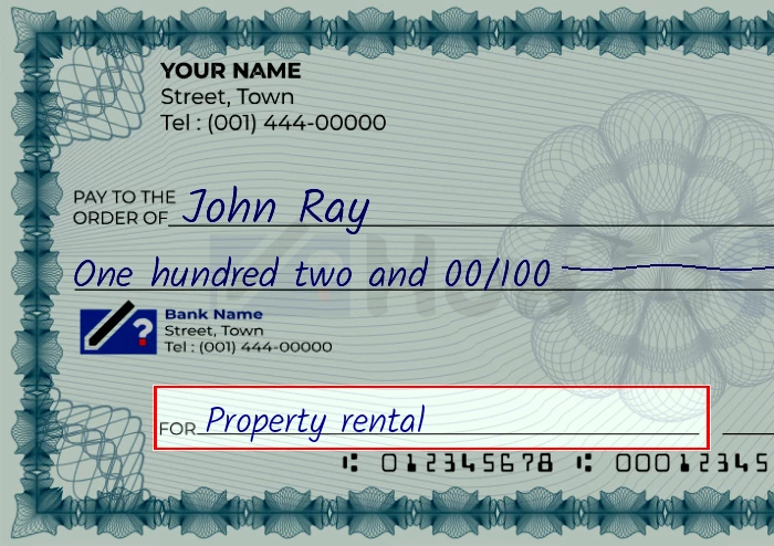 Step 5: Fill out the memo on the 102 dollar check, showing a check with 'Property rental' written in the memo field