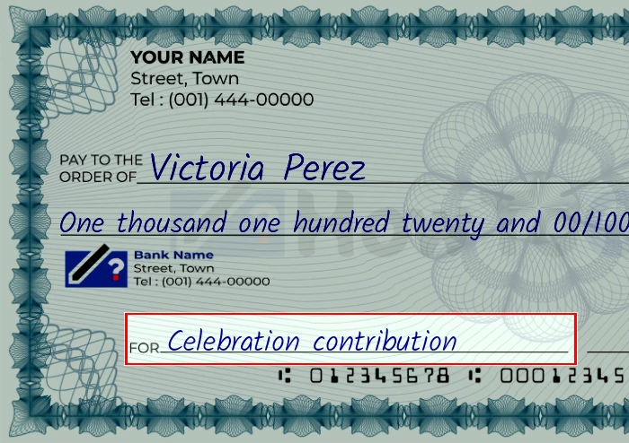 Step 5: Fill out the memo on the 1120 dollar check, showing a check with 'Celebration contribution' written in the memo field
