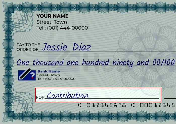 Step 5: Fill out the memo on the 1190 dollar check, showing a check with 'Contribution' written in the memo field
