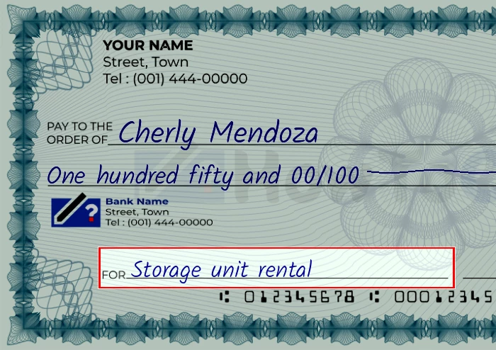 Step 5: Fill out the memo on the 150 dollar check, showing a check with 'Storage unit rental' written in the memo field
