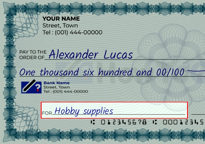 Step 5: Fill out the memo on the 1600 dollar check, showing a check with 'Hobby supplies' written in the memo field