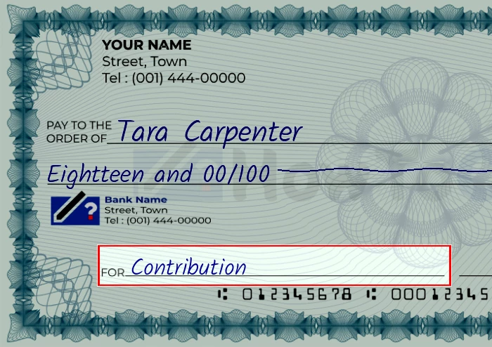 Step 5: Fill out the memo on the 18 dollar check, showing a check with 'Contribution' written in the memo field