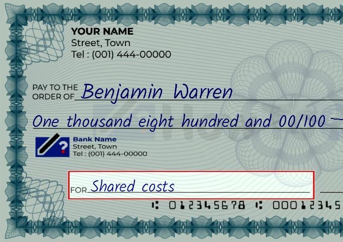 Step 5: Fill out the memo on the 1800 dollar check, showing a check with 'Shared costs' written in the memo field