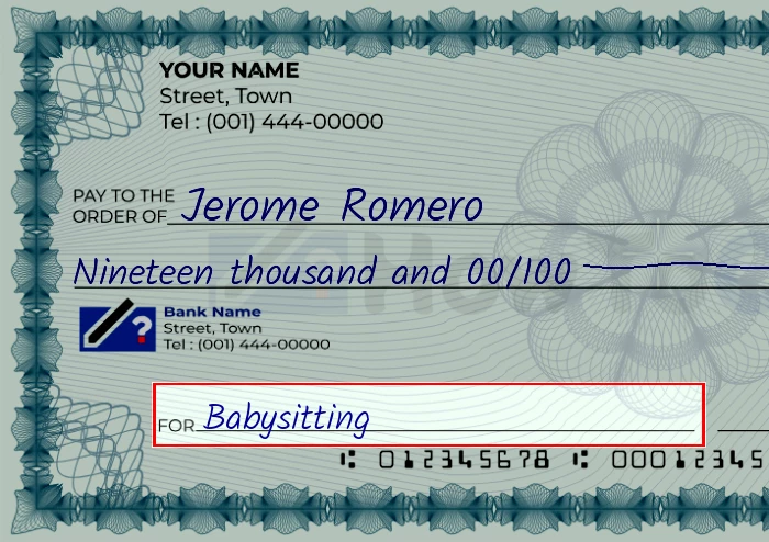 Step 5: Fill out the memo on the 19000 dollar check, showing a check with 'Babysitting' written in the memo field