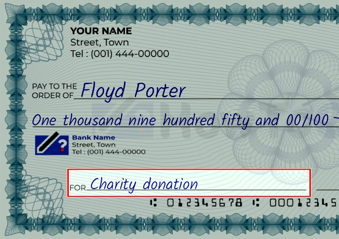 Step 5: Fill out the memo on the 1950 dollar check, showing a check with 'Charity donation' written in the memo field