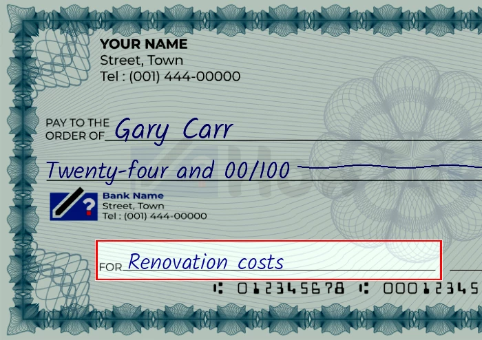 Step 5: Fill out the memo on the 24 dollar check, showing a check with 'Renovation costs' written in the memo field