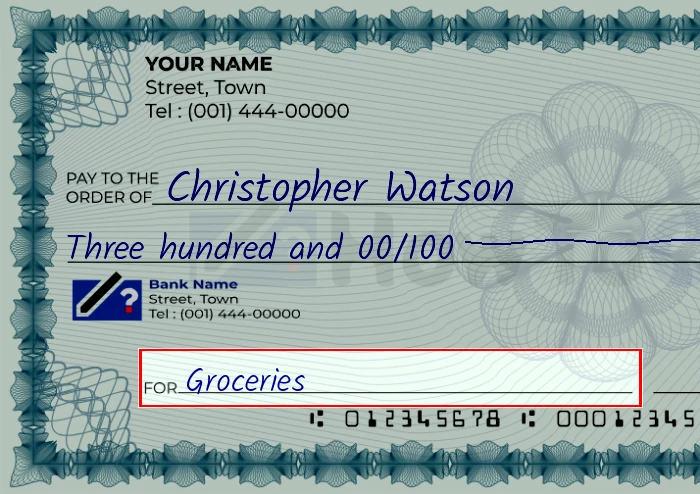 Step 5: Fill out the memo on the 300 dollar check, showing a check with 'Groceries' written in the memo field
