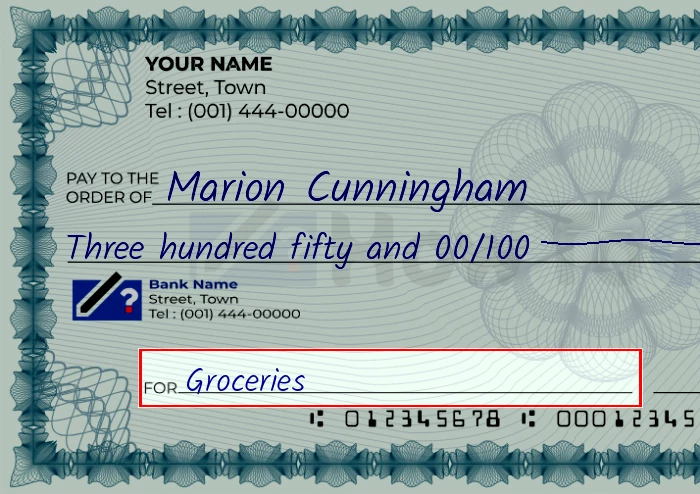 Step 5: Fill out the memo on the 350 dollar check, showing a check with 'Groceries' written in the memo field