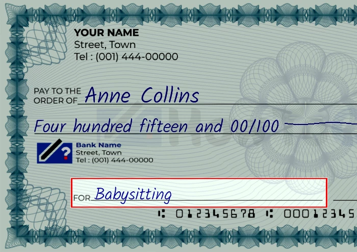 Step 5: Fill out the memo on the 415 dollar check, showing a check with 'Babysitting' written in the memo field