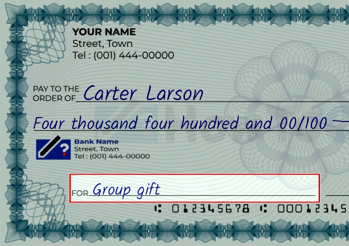 Step 5: Fill out the memo on the 4400 dollar check, showing a check with 'Group gift' written in the memo field