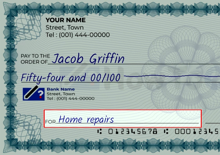 Step 5: Fill out the memo on the 54 dollar check, showing a check with 'Home repairs' written in the memo field