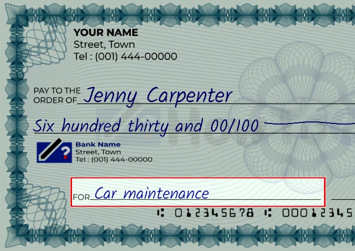 Step 5: Fill out the memo on the 630 dollar check, showing a check with 'Car maintenance' written in the memo field