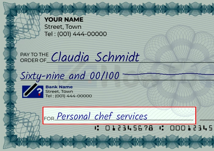 Step 5: Fill out the memo on the 69 dollar check, showing a check with 'Personal chef services' written in the memo field