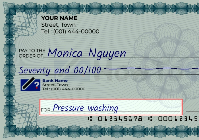 Step 5: Fill out the memo on the 70 dollar check, showing a check with 'Pressure washing' written in the memo field