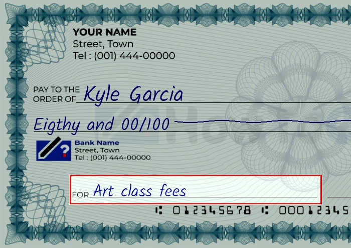 Step 5: Fill out the memo on the 80 dollar check, showing a check with 'Art class fees' written in the memo field