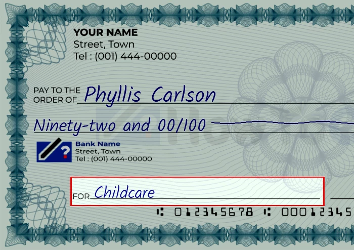 Step 5: Fill out the memo on the 92 dollar check, showing a check with 'Childcare' written in the memo field