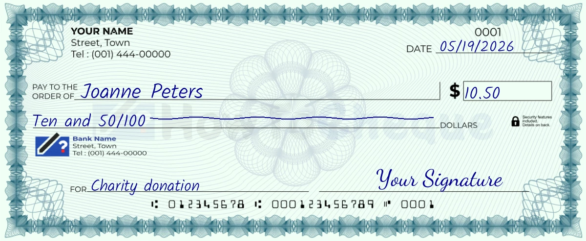 Example check of 10 dollar 50 cent