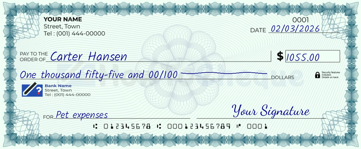 Example check of 1055 dollar