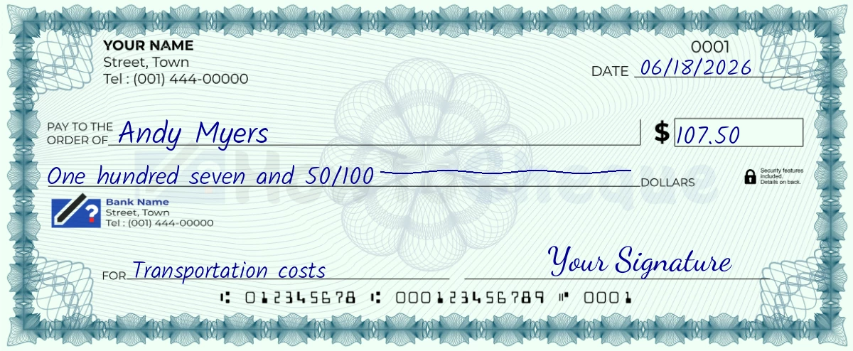 Example check of 107 dollar 50 cent