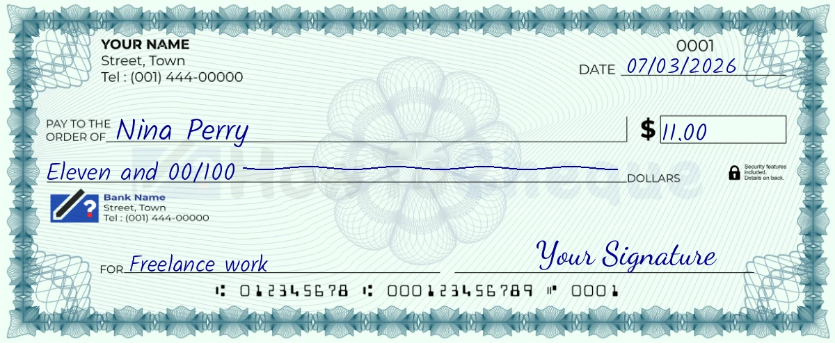 Example check of 11 dollar