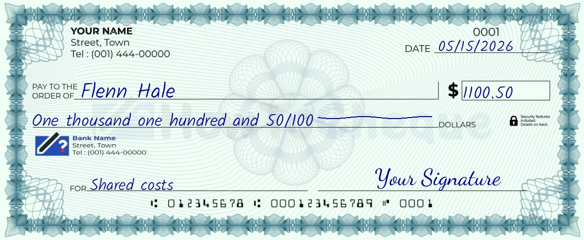 Example check of 1100 dollar 50 cent