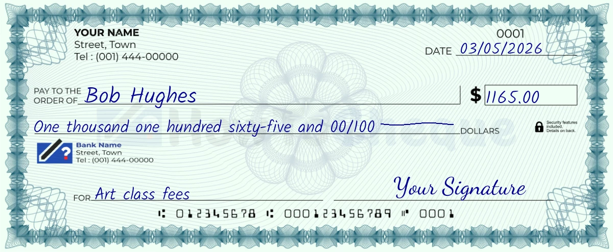 Example check of 1165 dollar