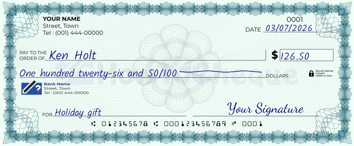 Example check of 126 dollar 50 cent
