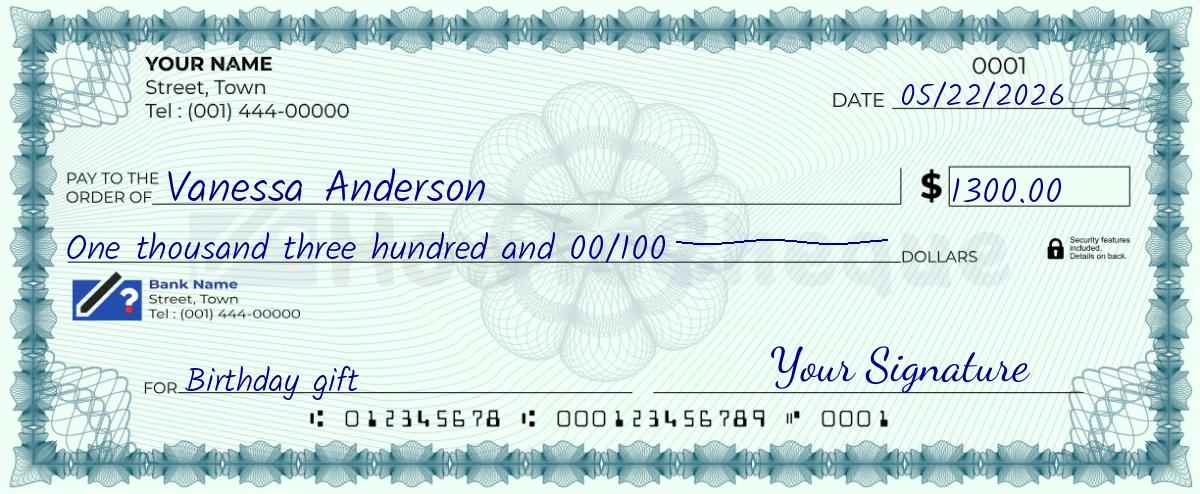 Example check of 1300 dollar
