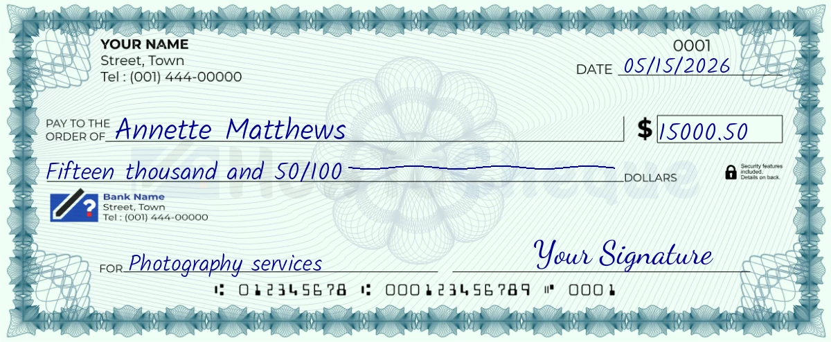 Example check of 15000 dollar 50 cent