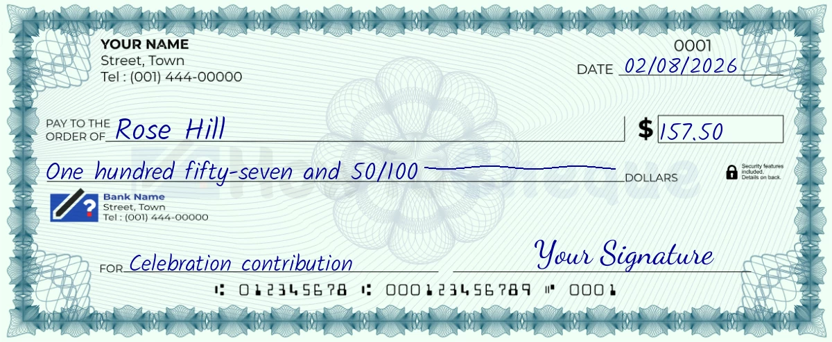 Example check of 157 dollar 50 cent