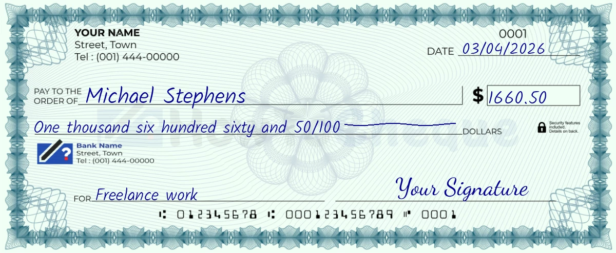 Example check of 1660 dollar 50 cent