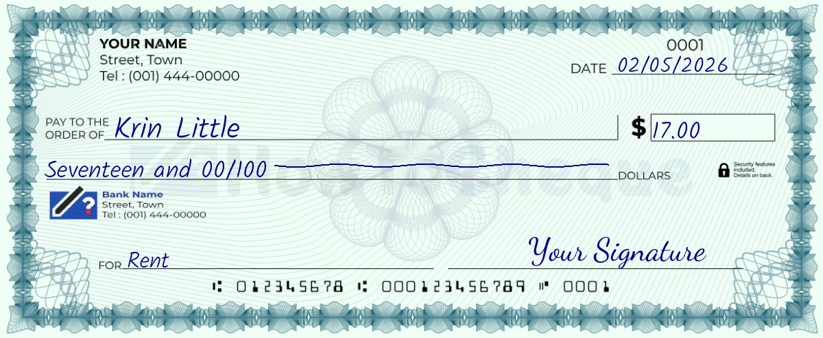 Example check of 17 dollar