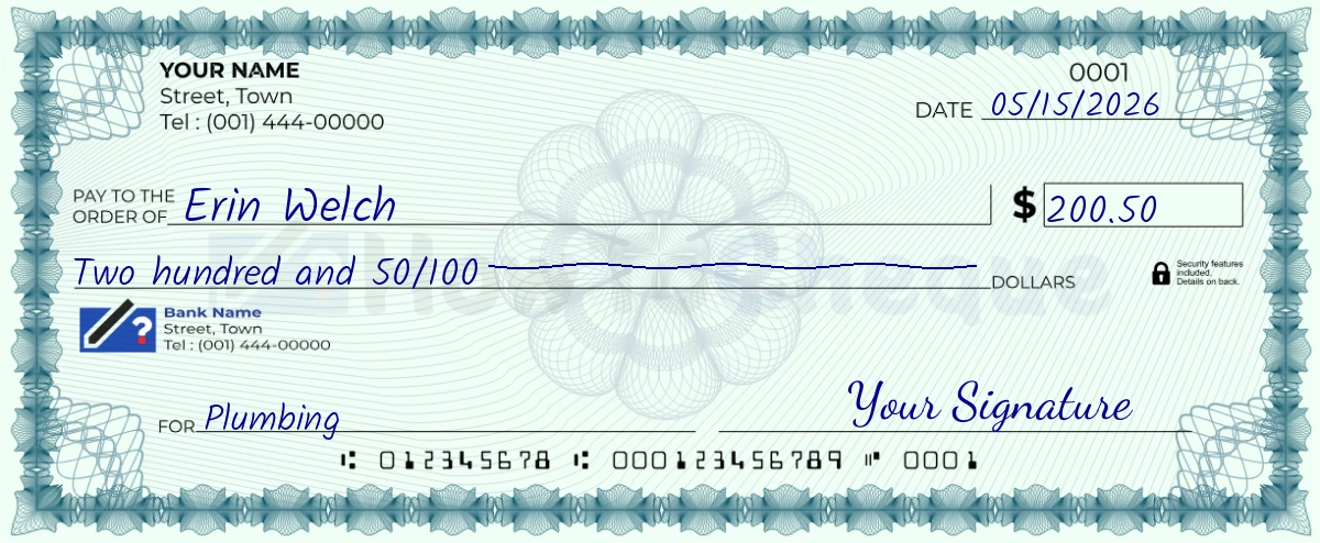 Example check of 200 dollar 50 cent