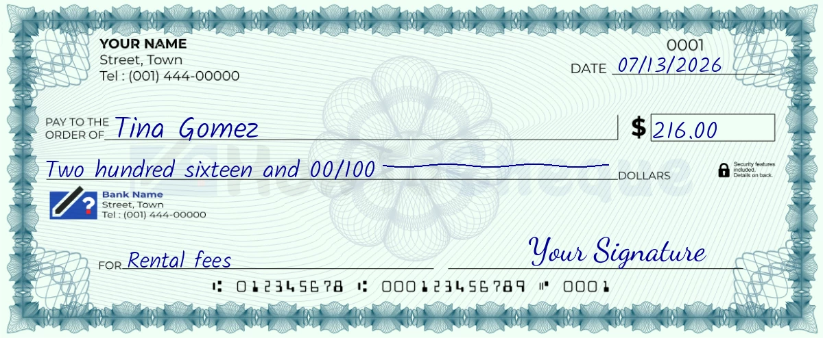 Example check of 216 dollar