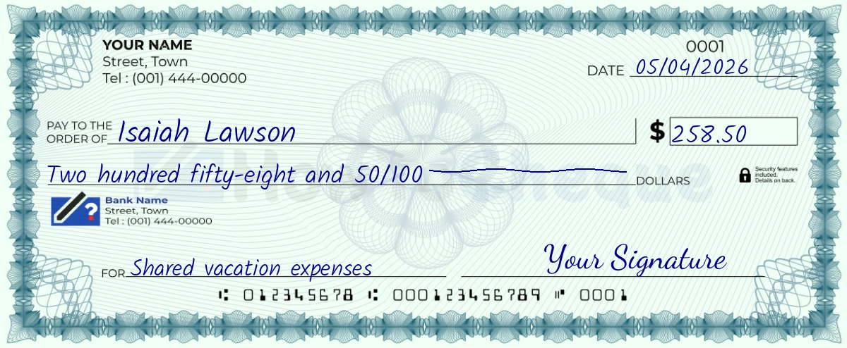 Example check of 258 dollar 50 cent